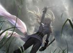  1girl belt blonde_hair clouds cloudy_sky collaboration cravat epaulettes gloves grass jana_schirmer johannes_voss magic:_the_gathering official_art rapier sheath sky solo sword thalia_guardian_of_thraben weapon wind 