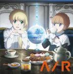  2girls aldnoah.zero asseylum_vers_allusia blonde_hair brown_hair cupcake earth eddelrittuo food green_eyes highres honey multiple_girls official_art open_mouth pastry pinky_out smile table tea violet_eyes 
