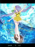  1girl barefoot blue_eyes blue_sky chain clouds cloudy_sky dated flower full_body hair_flower hair_ornament highres instrument letterboxed long_hair lute_(instrument) namauni ocean open_mouth outstretched_arms purple_hair sky solo surfing touhou tsukumo_benben twintails very_long_hair water waves 