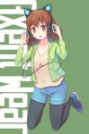  1girl animal_ears axent_wear brown_eyes brown_hair cat_ears fashion headphones original pantyhose short_hair shorts solo 