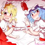  2girls aichinomiya blonde_hair blue_hair blush commentary_request dress fang flandre_scarlet hat hat_ribbon looking_at_viewer lying mob_cap multiple_girls on_side open_mouth pillow puffy_short_sleeves puffy_sleeves red_dress red_eyes remilia_scarlet ribbon sash short_sleeves siblings sisters smile touhou white_dress wrist_cuffs 