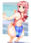  1girl ass bare_shoulders barefoot competition_swimsuit feet long_hair looking_at_viewer looking_back one-piece_swimsuit original pink_eyes pink_hair reiji-sss smile solo squatting swimsuit tiptoes 