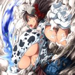  angry breasts brown_eyes cow_horns cow_print hataraki_ari highres horns huge_breasts original short_hair torn_clothes under_boob 