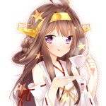 1girl brown_hair cup hairband kantai_collection kongou_(kantai_collection) long_hair nontraditional_miko smile solo teacup tongue violet_eyes wadatsumi_(artist) 