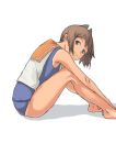  1girl bare_legs bare_shoulders brown_eyes brown_hair dark_skin i-401_(kantai_collection) kantai_collection knees_on_chest looking_at_viewer ponytail sailor_collar school_swimsuit school_uniform serafuku simple_background sitting smile solo swimsuit swimsuit_under_clothes taruya white_background 