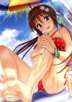  1girl :d absurdres ahoge bare_legs bare_shoulders barefoot beach_umbrella bikini blue_eyes blue_sky bracelet brown_hair hair_ornament halterneck highres jewelry long_hair lotion low_twintails open_mouth print_bikini red_bikini scan side-tie_bikini sky smile solo sunscreen swimsuit twintails 