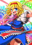  1girl abstract_background alice_margatroid blonde_hair blue_eyes breasts capelet cowboy_shot dress earrings fang hairband highres impossible_clothes jewelry large_breasts leg_garter looking_at_viewer open_mouth puppet_rings puppet_strings rindou_(p41neko) short_hair solo touhou 