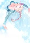  1girl blonde_hair blue_dress blue_eyes braid breasts cleavage dress elsa_(frozen) frozen_(disney) long_hair looking_at_viewer one_eye_closed outstretched_arms raye single_braid solo 