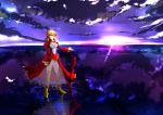  1girl absurdres aestus_estus ahoge blonde_hair breasts dress epaulettes fate/extra fate_(series) green_eyes hair_ribbon hand_on_hilt highres red_dress ribbon ripples saber_extra see-through solo standing standing_on_water sword water weapon 