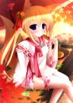  animal_ears bare_legs bell blonde_hair blue_eyes dango food fox_ears fox_tail hair_bell hair_ornament highres magatama original shocchan_(sanymph) sitting tagme tail twintails wagashi 