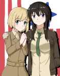  2girls absurdres arm_around_shoulder black_hair blonde_hair blue_eyes blush breasts dominica_s_gentile flag hand_in_pocket highres hiroshi_(hunter-of-kct) jacket jane_t_godfrey large_breasts light_smile long_hair looking_at_viewer military military_uniform multiple_girls necktie short_hair sketch strike_witches uniform 