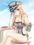  1girl beer_can bismarck_(kantai_collection) blonde_hair blue_eyes breasts can cleavage crossed_legs hat kantai_collection large_breasts long_hair looking_at_viewer nunucco one-piece_swimsuit peaked_cap side-tie_bottom signature simple_background sitting sketch smile swimsuit 