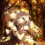  2girls angel_wings autumn_leaves black_dress blonde_hair bow dress hands_clasped hat hat_bow hug looking_at_viewer mai_(touhou) multiple_girls puffy_short_sleeves puffy_sleeves purple_hair shirt short_sleeves touhou touhou_(pc-98) vima white_dress wings wrist_cuffs yellow_eyes yuki_(touhou) 