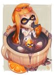  1girl bangs blunt_bangs chocolate chocolate_covered eating food fruit highres inkling long_hair lucky_clover_(luckyxclover) mask minigirl orange orange_eyes orange_hair orange_slice partially_submerged pointy_ears solo splatoon squid tentacle_hair twintails 