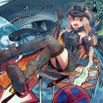  1girl bare_shoulders bismarck_(kantai_collection) blonde_hair blue_eyes boots breasts cat desk detached_sleeves eel egg gloves grey_legwear hat highres itomugi-kun kantai_collection long_hair military military_hat military_uniform open_mouth peaked_cap shark sign sitting stop_sign sword thigh-highs uniform weapon 