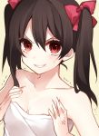  1girl anger_vein bare_shoulders black_hair bow breast_squeeze breasts bust collarbone grin hair_bow highres ichinose_yukino looking_at_viewer love_live!_school_idol_project naked_towel red_eyes small_breasts smile solo sweatdrop towel trembling yazawa_nico 