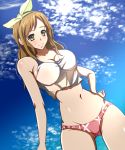  1girl :o bare_shoulders bikini blush bow breasts brown_hair cleavage clouds glasslip hair_bow hair_ornament hand_on_hip highres large_breasts long_hair looking_at_viewer navel o///o sky smile swimsuit takayama_yanagi tank_top taut_clothes taut_shirt tranquilizer_(bestcenter) umbrella yellow_eyes 