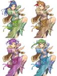  &gt;:) 4girls blue_hair boots bra brown_hair bun_cover circlet crown fighting_stance flower fur_trim gourd green_hair hair_bun hair_flower hair_ornament hairclip half_updo highres hisho_collection jewelry kanzashi knee_boots komase_(jkp423) kote leg_up mini_crown multiple_girls open_clothes purple_hair red_eyes ring simple_background smile twintails underwear white_background 