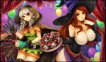  2girls balloon bare_shoulders belt braid breasts brown_eyes cake cape curtains detached_sleeves dragon&#039;s_crown elf elf_(dragon&#039;s_crown) finger_to_mouth food fruit gloves grey_hair happy_birthday hat huge_breasts long_hair looking_at_viewer multiple_girls omocha-san parted_lips party_popper pointy_ears redhead sash side_slit small_breasts sorceress_(dragon&#039;s_crown) strawberry thigh-highs twin_braids v watermark web_address witch_hat 