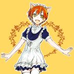  1girl animal_ears cat_ears hoshizora_rin looking_at_viewer love_live!_school_idol_project open_mouth short_hair simple_background smile suganemui thighhighs white_legwear yellow_background 
