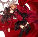  1boy 1girl archer black_legwear brown_hair fate/stay_night fate_(series) grey_eyes kiss long_hair looking_at_viewer petting silver_hair thigh-highs tohsaka_rin toosaka_rin two_side_up yuzuki_karu zettai_ryouiki 