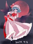  1girl ascot bat_wings blue_hair bow dated dress frilled_dress frilled_skirt frills full_moon hand_on_own_chin hand_to_own_mouth hat hat_ribbon highres looking_at_viewer mob_cap moon namauni puffy_short_sleeves puffy_sleeves red_eyes red_moon remilia_scarlet ribbon shoes short_hair short_sleeves skirt skirt_set smile socks solo tongue tongue_out touhou white_legwear wings wrist_cuffs 