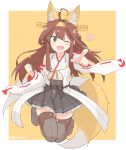  1girl ;d ahoge animal_ears black_eyes blush brown_legwear detached_sleeves double_bun fang fox_ears fox_tail headgear heart kamoto_tatsuya kantai_collection kemonomimi_mode kongou_(kantai_collection) long_hair nontraditional_miko one_eye_closed open_mouth pointing pointing_at_viewer skirt smile solo tail thigh-highs twitter_username yellow_background 