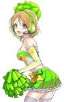  1girl headphones koizumi_hanayo love_live!_school_idol_project open_mouth pom_poms simple_background skirt solo suganemui thighhighs violet_eyes white_background 