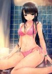  1girl absurdres bare_shoulders bikini black_hair blue_eyes breasts cleavage coffee-kizoku highres long_hair navel pink_bikini scan shiny shiny_skin shower side-tie_bikini sitting smile solo string_bikini swimsuit wariza wet wet_hair wristband 