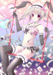  1girl animal_ears bra card elbow_gloves gloves holding long_hair looking_at_viewer niki_(aroma_terrace) original panties playing_card rabbit_ears red_eyes silver_hair solo striped striped_legwear thigh-highs twintails underwear 