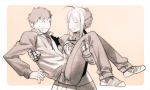  1boy 1girl ^_^ ahoge armor armored_dress closed_eyes fate/stay_night fate_(series) gauntlets greyscale monochrome saber tam_(cuq) track_jacket 