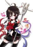  1girl ahoge asymmetrical_wings black_hair bow cake character_name food fruit holding houjuu_nue looking_at_viewer polearm rano8 red_eyes short_hair solo strawberry thigh-highs touhou trident ufo weapon wings zettai_ryouiki 