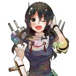  1girl ;d ashigara_(kantai_collection) blouse breasts brown_eyes brown_hair cannon elbow_gloves gloves hair_ornament hairband hand_on_head itomugi-kun kantai_collection long_hair one_eye_closed open_mouth smile solo turret wavy_hair white_gloves 