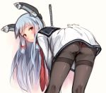  1girl ass bangs black_legwear blunt_bangs blush from_behind hair_ribbon headgear kantai_collection leaning_forward long_hair looking_back murakumo_(kantai_collection) panties panties_under_pantyhose pantyhose pink_panties red_eyes ribbon school_uniform serafuku shuuichi silver_hair sketch solo thighband_pantyhose underwear upskirt 