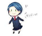  1girl blue_hair blush chibi fukkura gekkan_shoujo_nozaki-kun green_eyes kashima_yuu necktie school_uniform short_hair simple_background smile solo translated white_background |_| 