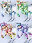  4girls black_hair bodysuit boots breasts brown_hair chestnut_mouth furrowed_eyebrows goggles hair_ribbon highres hisho_collection komase_(jkp423) light_brown_hair multiple_girls open_mouth purple_hair ribbon ski_gear ski_goggles skiing 