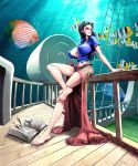  1girl 2011 barefoot black_hair blouse blue_eyes book breasts bubble cleavage dated fish kiwine large_breasts long_hair long_skirt looking_away midriff navel nico_robin one_piece open_blouse open_clothes pink_skirt ship skirt solo sunglasses sunglasses_on_head underwater watermark web_address 