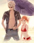  1boy 1girl alternate_costume alternate_hairstyle anatidae bikini blue_eyes flower frilled_bikini frilled_swimsuit frills gintama hair_flower hair_ornament hand_on_hip height_difference kagura_(gintama) open_clothes open_shirt orange_hair parasol partially_submerged red_bikini sakata_gintoki short_hair sketch sunglasses swim_trunks swimsuit twintails umbrella wading white_hair 