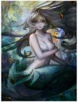  1girl blue_eyes breasts brown_hair coin collarbone covering covering_breasts fish full_body jewelry long_hair looking_at_viewer mermaid monster_girl navel nguy_thuy_ngan no_pupils original scales seashell_bra sitting solo underwater very_long_hair 