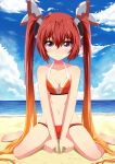  1girl beach bikini breasts ginhaha gradient_hair long_hair looking_at_viewer multicolored_hair ocean ore_twintail_ni_narimasu pink_eyes red_bikini redhead sitting smile solo swimsuit tail_red twintails very_long_hair wariza 