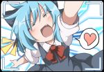  1girl blue_dress blue_hair bow cirno closed_eyes commentary_request do_(4-rt) dress fang hair_bow heart ice ice_wings open_mouth puffy_short_sleeves puffy_sleeves shirt short_sleeves smile solo spoken_heart touhou viewfinder wings 