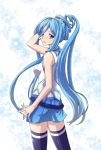  1girl aoki_hagane_no_arpeggio arpeggio_of_blue_steel black_legwear blue_eyes blue_hair hand_on_own_head long_hair looking_at_viewer ozaneko pleated_skirt ponytail skirt smile solo striped striped_legwear takao_(aoki_hagane_no_arpeggio) thigh-highs zettai_ryouiki 