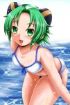  1girl bikini green_eyes green_hair highres hyourin_no_mahiro kittan_(cve27426) leaning_forward shinrabanshou short_hair swimsuit 