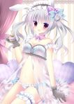  1girl :d animal_ears babydoll bed black_gloves breasts cleavage cupcake double_bun gloves hairband heart holding lolita_hairband long_hair looking_at_viewer navel niki_(aroma_terrace) open_mouth original panties pillow rabbit_ears red_eyes silver_hair sitting smile solo striped striped_panties twintails underwear 