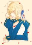  1girl ahoge blonde_hair bust cleavage_cutout closed_eyes colored_eyelashes dress fate/stay_night fate_(series) hair_ribbon hand_on_own_shoulder highres juliet_sleeves lips long_sleeves nakura_m_m payot petals puffy_sleeves ribbon saber solo 