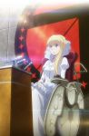  1girl aldnoah.zero asseylum_vers_allusia blonde_hair green_eyes highres microphone official_art podium spoilers wheelchair 