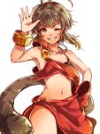  1girl bare_shoulders breasts brown_eyes brown_hair crown detached_sleeves mataichi_matarou monkey_tail monkey_wrench_(ole_tower) navel ole_tower one_eye_closed short_hair simple_background smile solo tail 