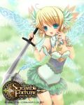  1boy 1girl :d armor blonde_hair blue_eyes breasts cleavage copyright_name fairy_wings hair_ornament holding ichiru_(artist) looking_at_viewer official_art open_mouth pleated_skirt scramble_fortune short_hair skirt smile sword weapon wings 