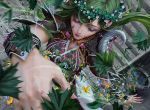  1girl 2012 closed_eyes elf eyeshadow flower foreshortening freckles green_hair hair_flower hair_ornament johannes_voss leaf long_hair magic magic:_the_gathering makeup official_art pointy_ears shaman_of_spring signature solo spaulders stairs vambraces 