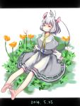 1girl animal animal_ears animal_on_head barefoot capelet closed_eyes dated flower gem grass highres jewelry letterboxed long_sleeves mouse mouse_ears namauni nazrin necklace pendant plant shirt short_hair silver_hair simple_background sitting skirt skirt_set smile solo tail touhou